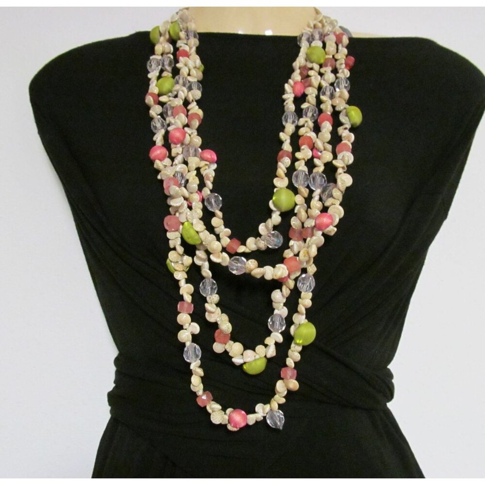 Vintage Multi Strand Shell & Bead Necklace with Ribbon Tie